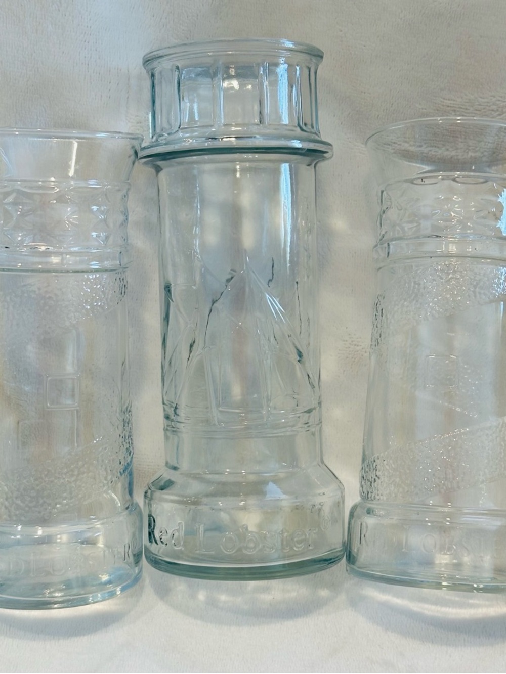 Red Lobster Lighthouse Clear Beverage Glasses Vase 1980's Lot of 3 Vtg Barware